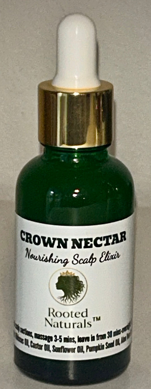 Rooted Naturals Crown Nectar Nourishing Scalp Elixir in a green glass dropper bottle
